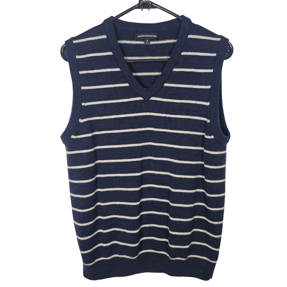 Express Design Studio Mens Medium Navy Blue Stripe 100% Merino Wool Sweater Vest